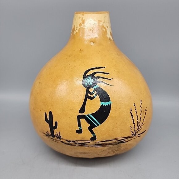 Native American Hand Painted Decor Carved Gourd Folk Art KOKOPELLI 8" Connie - Picture 1 of 5